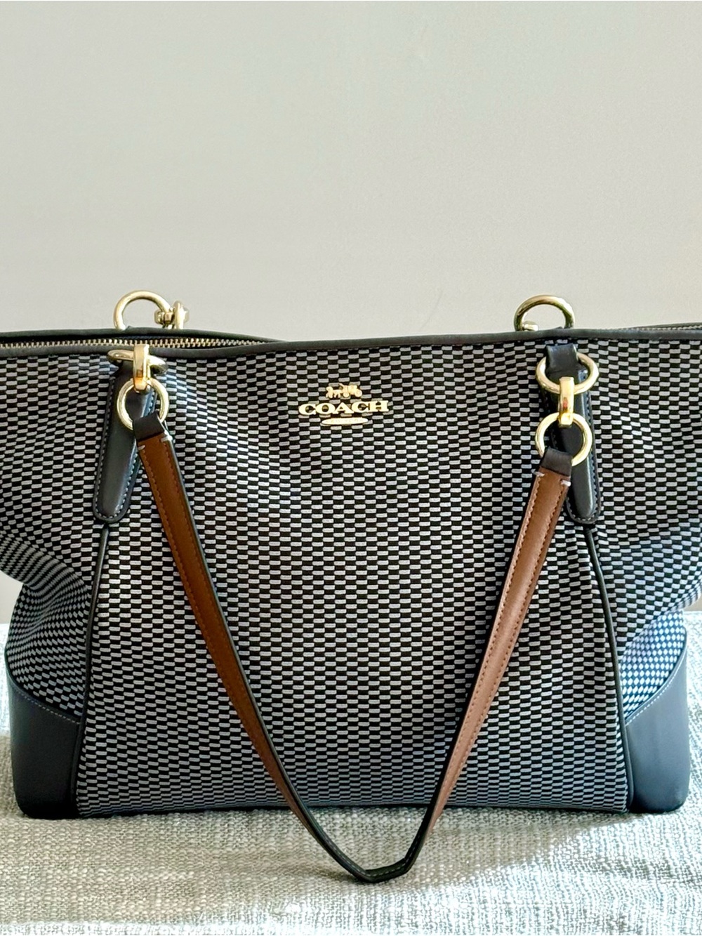 Coach Black and White Woven Tote with Brown Leather Straps